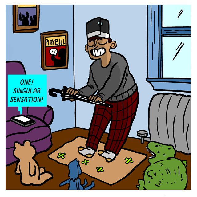 An illustration of Broadway normplay, showing a person singing showtunes to stuffed animals.